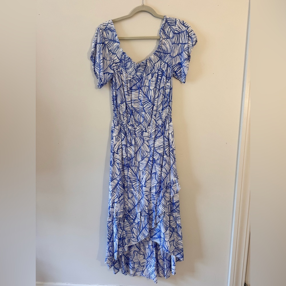 Vineyard Vines Blue and White Banana Leaf Off  Shoulder Maxi Sundress